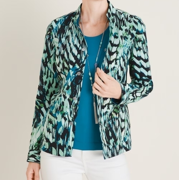 CHICOS Reversible Solid to Print Jacket Linen Blend Snap Front Pockets Sz 16/18 - Picture 6 of 10